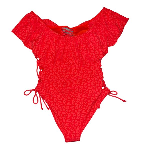NWT TINIBIKINI Orange Animal Print Ruffle Neckline & Lace-Up Swimsuit Si… - Picture 1 of 8